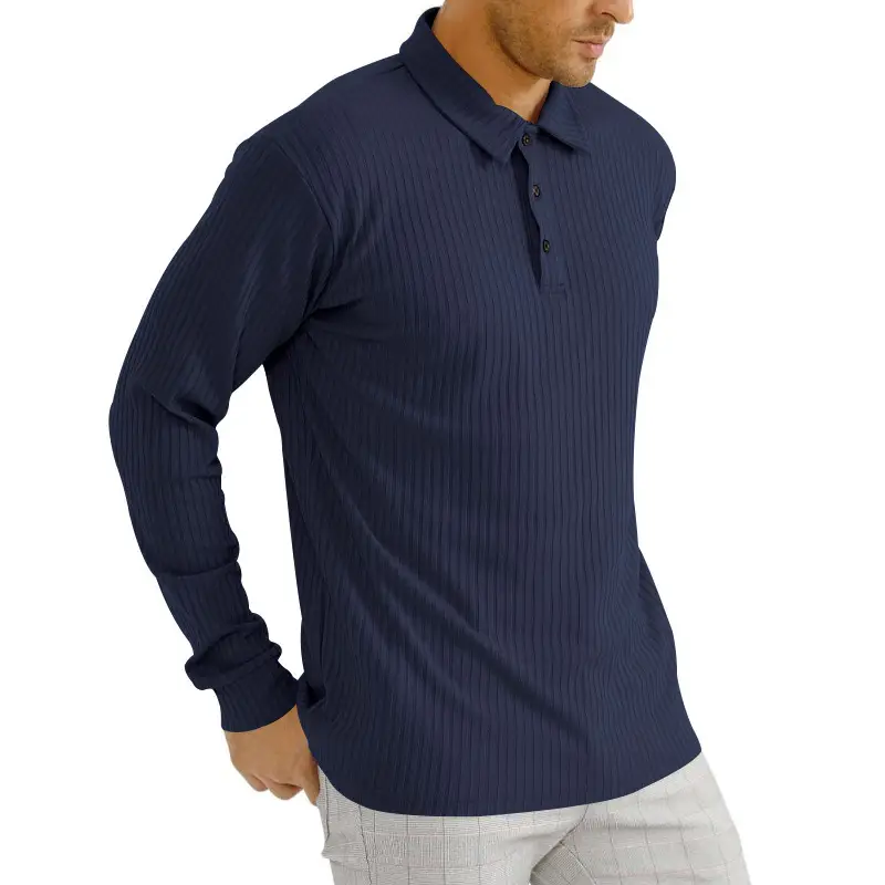 Men's Classic Button Long Sleeve Polo Shirt Beige Striped — feature 13