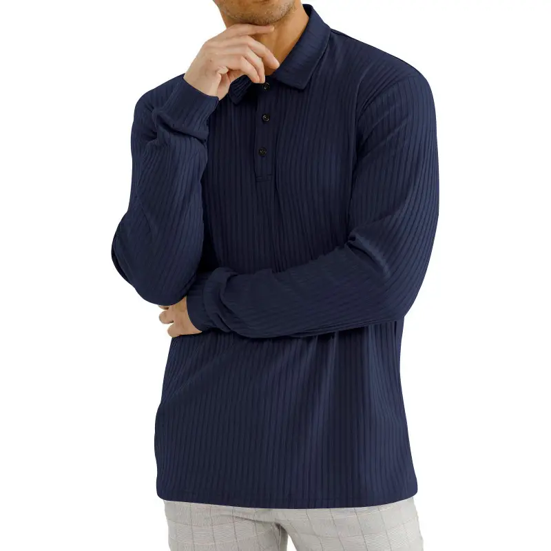 Men's Classic Button Long Sleeve Polo Shirt Beige Striped — feature 14