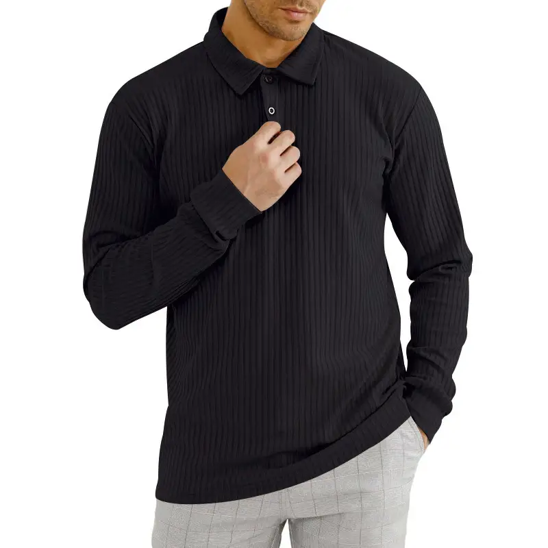Men's Classic Button Long Sleeve Polo Shirt Beige Striped — feature 15