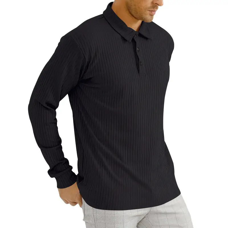Men's Classic Button Long Sleeve Polo Shirt Beige Striped — feature 16