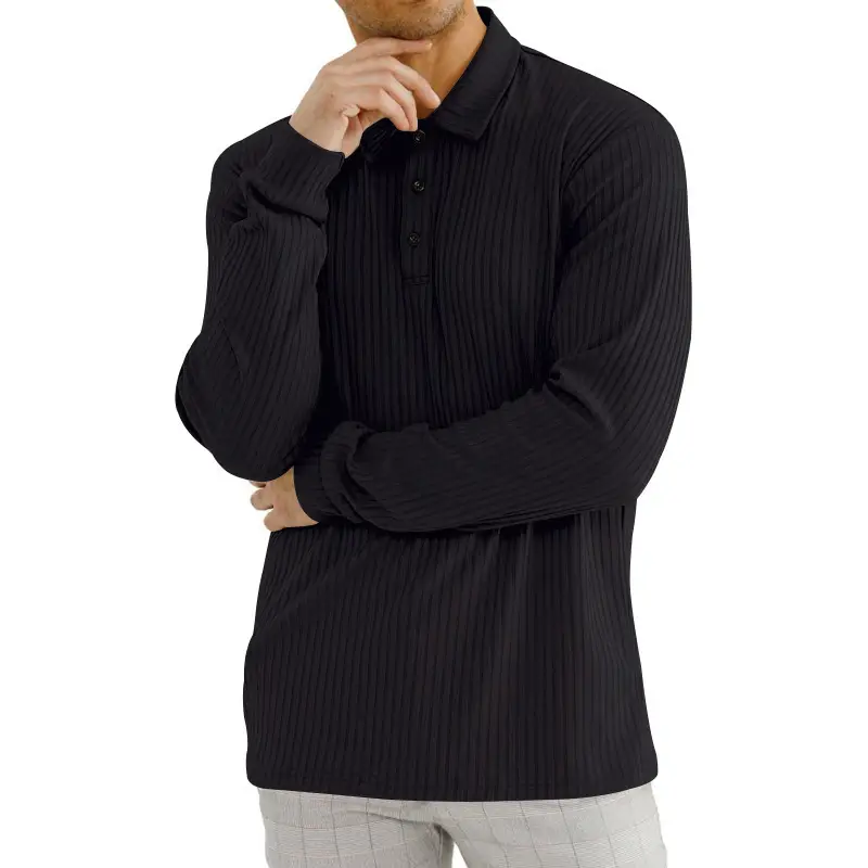 Men's Classic Button Long Sleeve Polo Shirt Beige Striped — feature 17