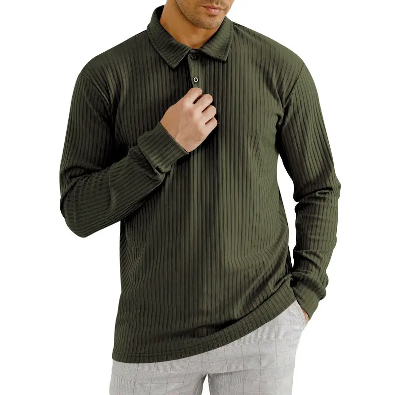 Men's Classic Button Long Sleeve Polo Shirt Beige Striped — feature 18