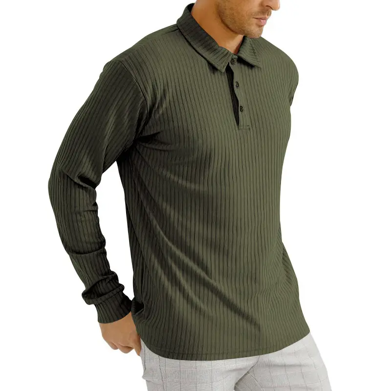 Men's Classic Button Long Sleeve Polo Shirt Beige Striped — feature 19