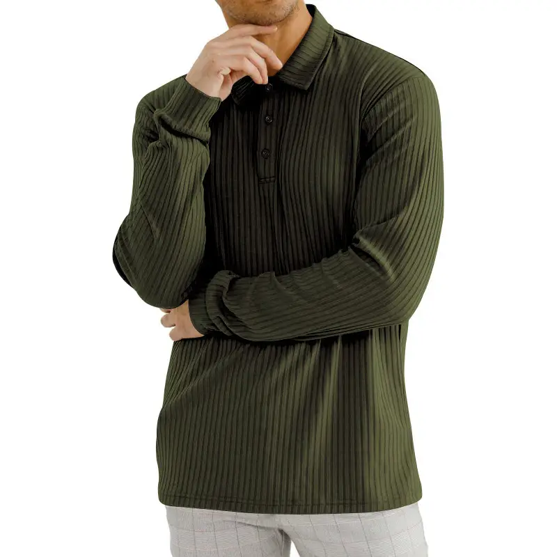 Men's Classic Button Long Sleeve Polo Shirt Beige Striped — feature 20