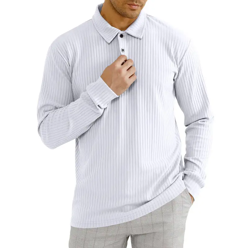 Men's Classic Button Long Sleeve Polo Shirt Beige Striped — feature 21