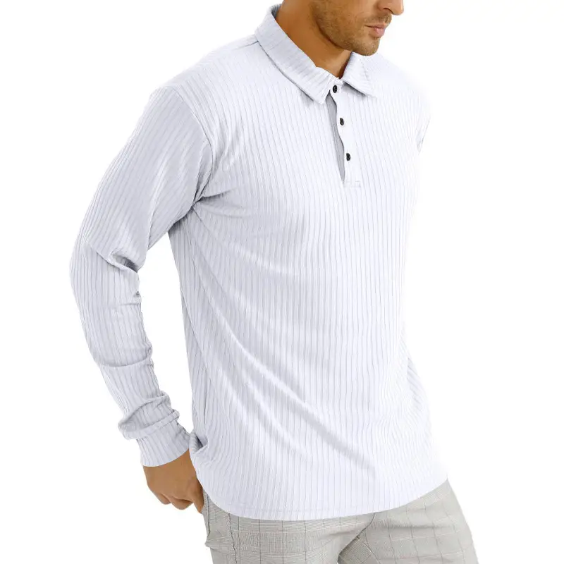 Men's Classic Button Long Sleeve Polo Shirt Beige Striped — feature 22