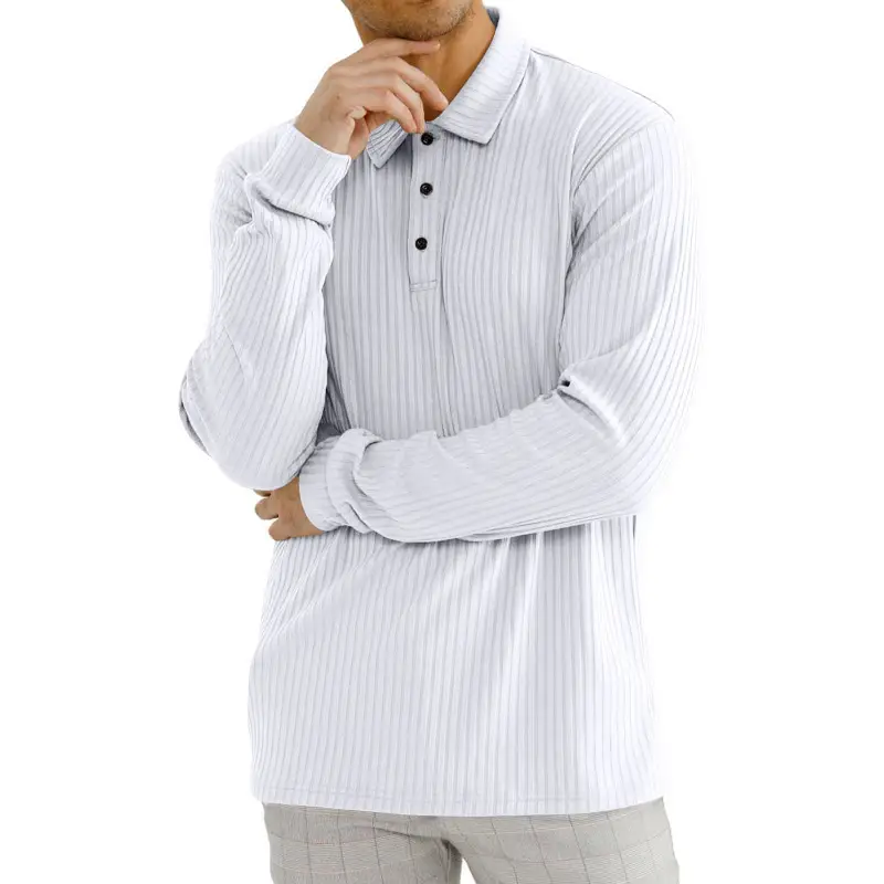 Men's Classic Button Long Sleeve Polo Shirt Beige Striped — feature 23