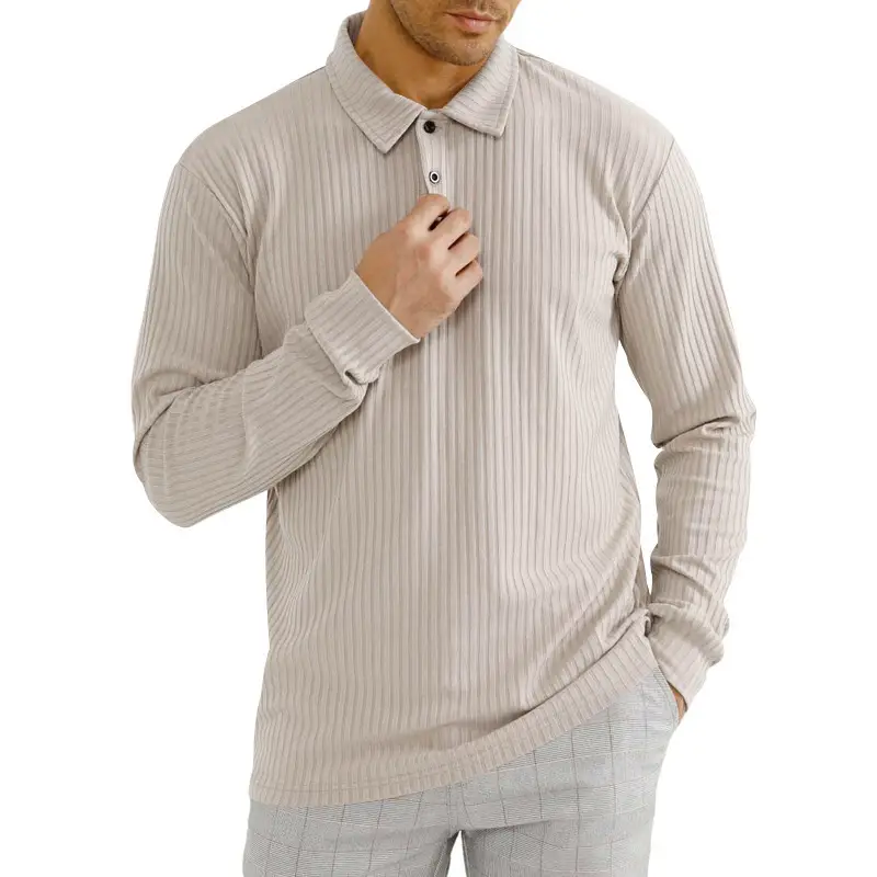 Men's Classic Button Long Sleeve Polo Shirt Beige Striped — feature 24