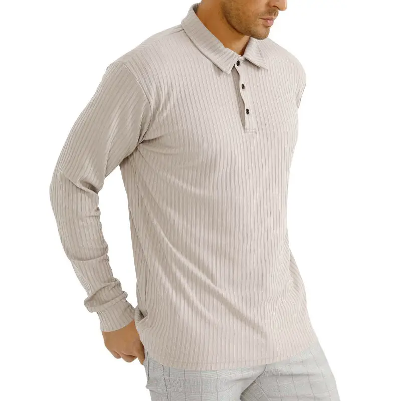 Men's Classic Button Long Sleeve Polo Shirt Beige Striped — feature 25