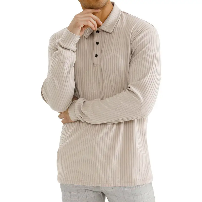 Men's Classic Button Long Sleeve Polo Shirt Beige Striped — feature 26