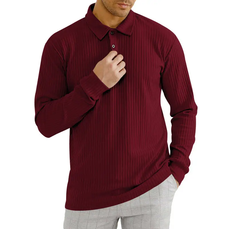 Men's Classic Button Long Sleeve Polo Shirt Beige Striped — feature 27
