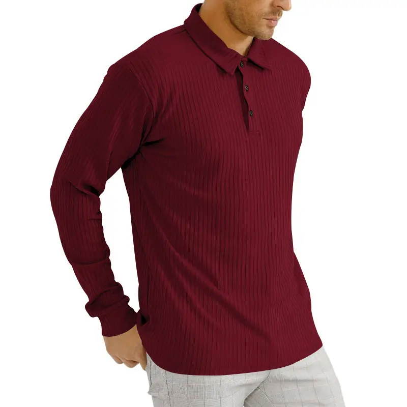 Men's Classic Button Long Sleeve Polo Shirt Beige Striped — feature 28