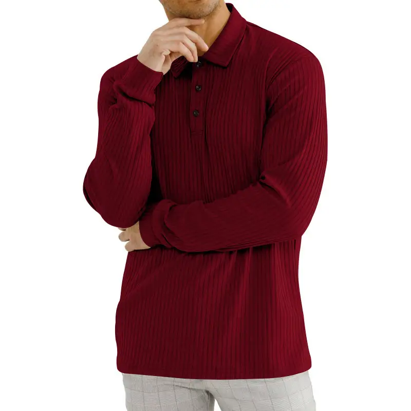 Men's Classic Button Long Sleeve Polo Shirt Beige Striped — feature 29