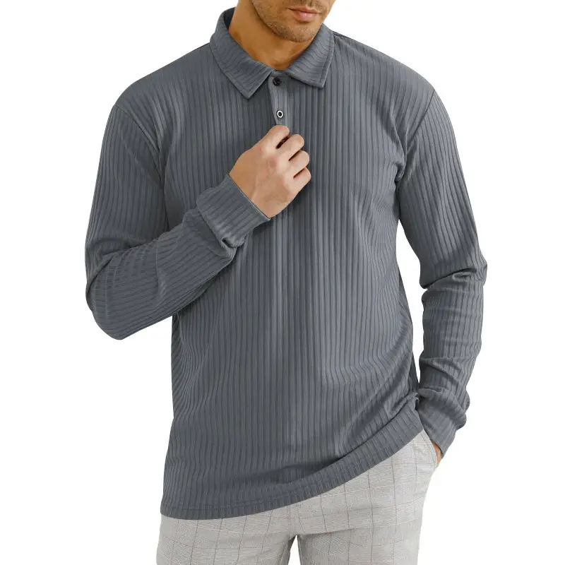 Men's Classic Button Long Sleeve Polo Shirt Beige Striped — feature 30