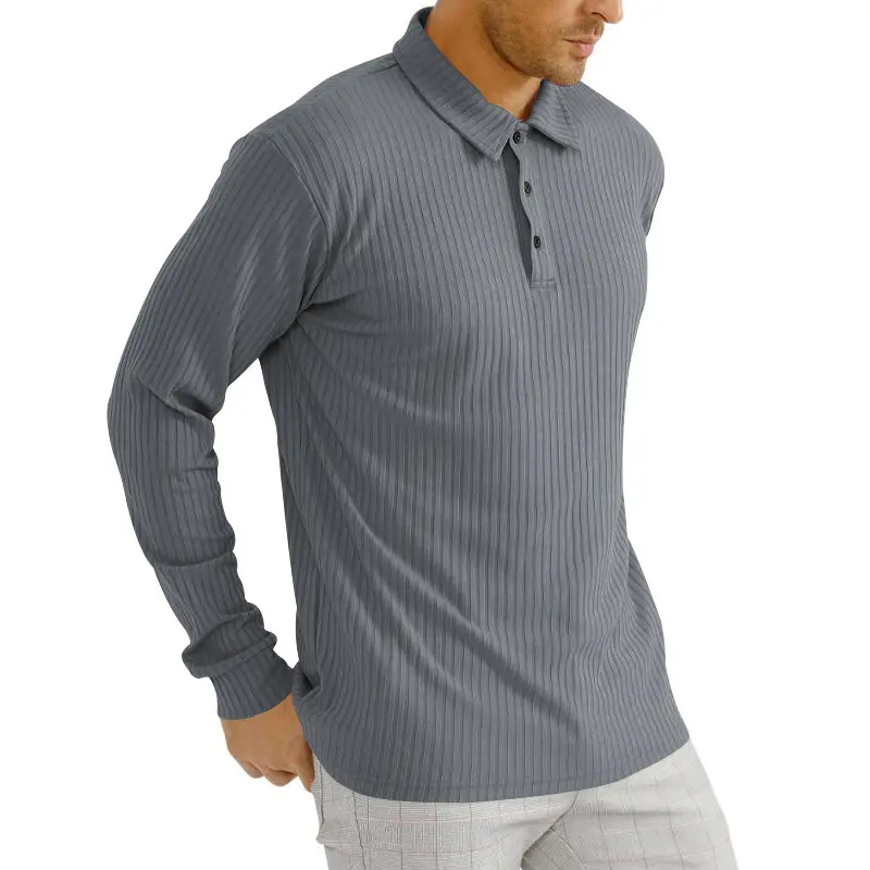 Men's Classic Button Long Sleeve Polo Shirt Beige Striped — feature 31