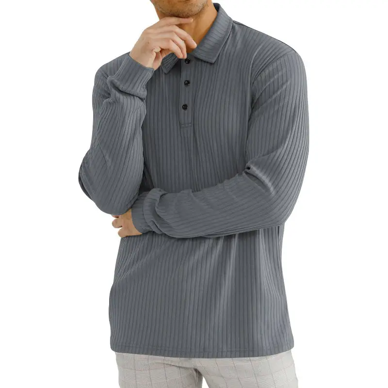 Men's Classic Button Long Sleeve Polo Shirt Beige Striped — feature 32