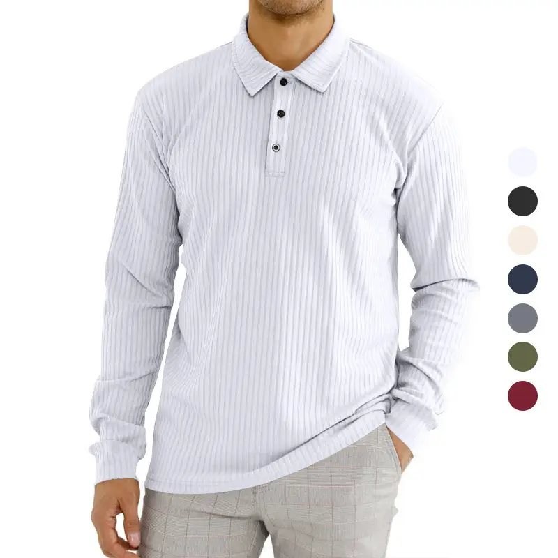 Men's Classic Button Long Sleeve Polo Shirt Beige Striped — feature 5