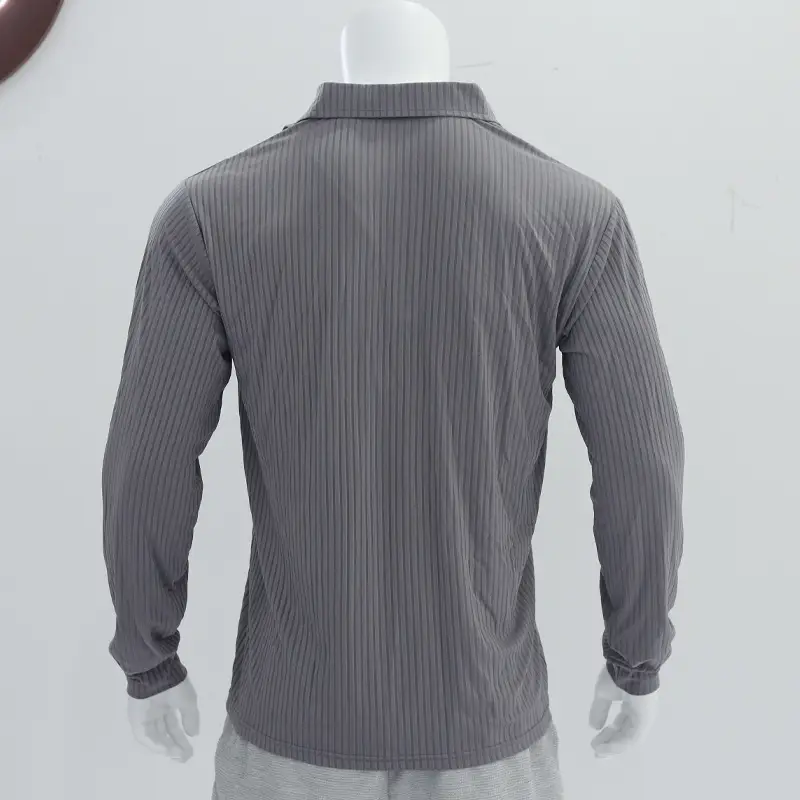 Men's Classic Button Long Sleeve Polo Shirt Beige Striped — feature 6