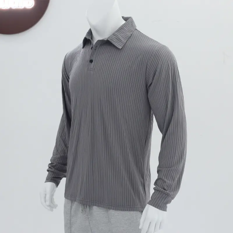 Men's Classic Button Long Sleeve Polo Shirt Beige Striped — feature 7