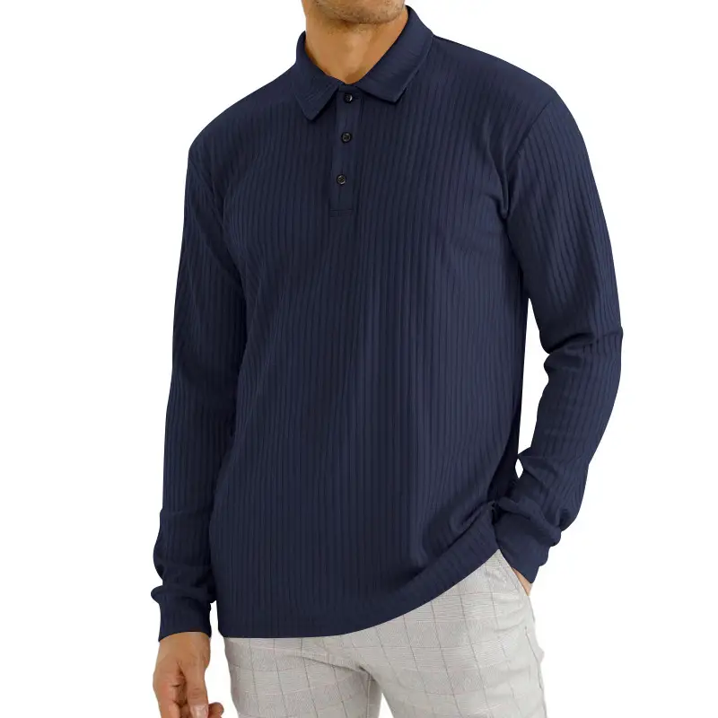 Men's Classic Button Long Sleeve Polo Shirt Beige Striped - Image 2