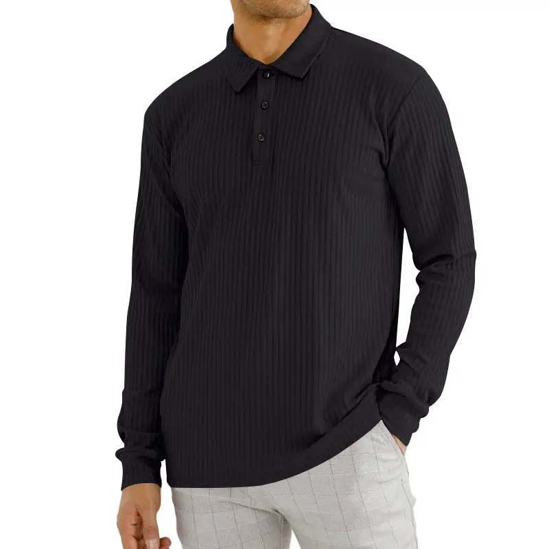 Men's Classic Button Long Sleeve Polo Shirt Beige Striped - Image 3