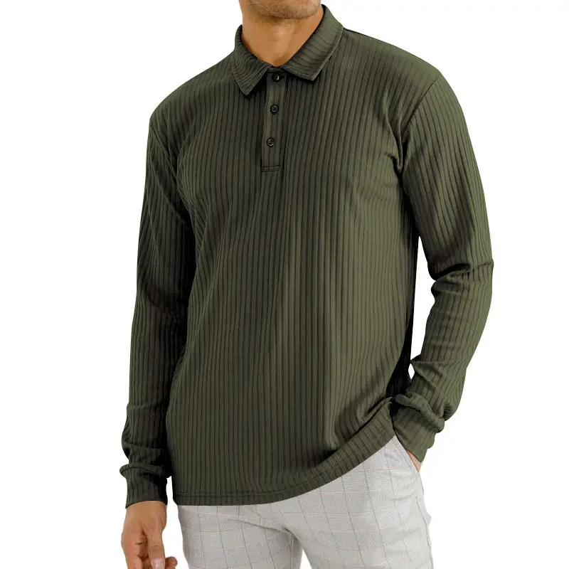 Men's Classic Button Long Sleeve Polo Shirt Beige Striped - Image 4