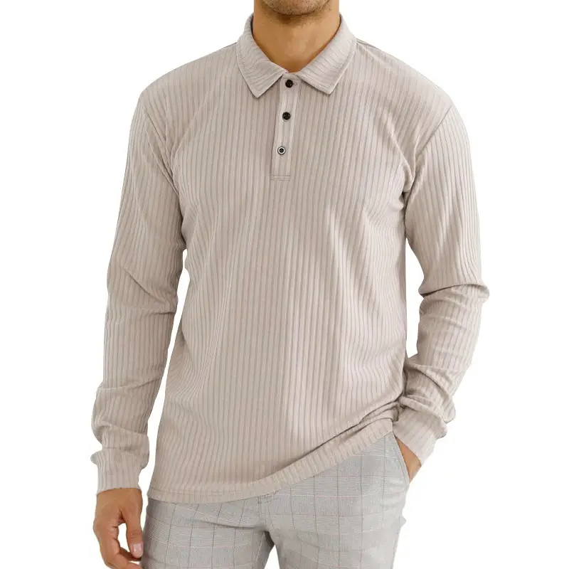 Men's Classic Button Long Sleeve Polo Shirt Beige Striped - Image 5