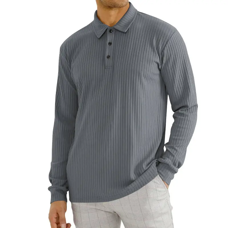 Men's Classic Button Long Sleeve Polo Shirt Beige Striped - Image 6