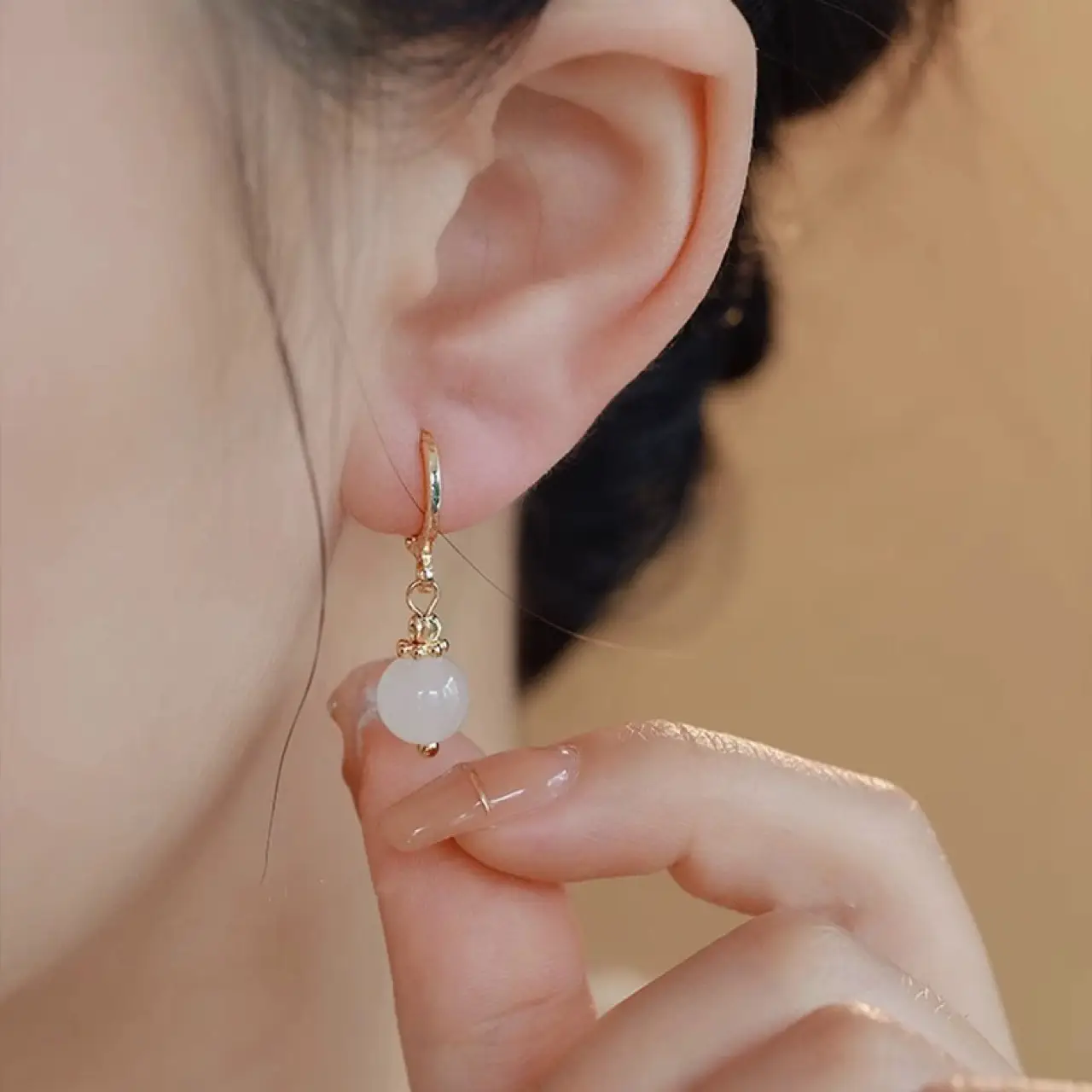 Natural Hetian Jade Earrings White Chalcedony Gold Silk - Image 2