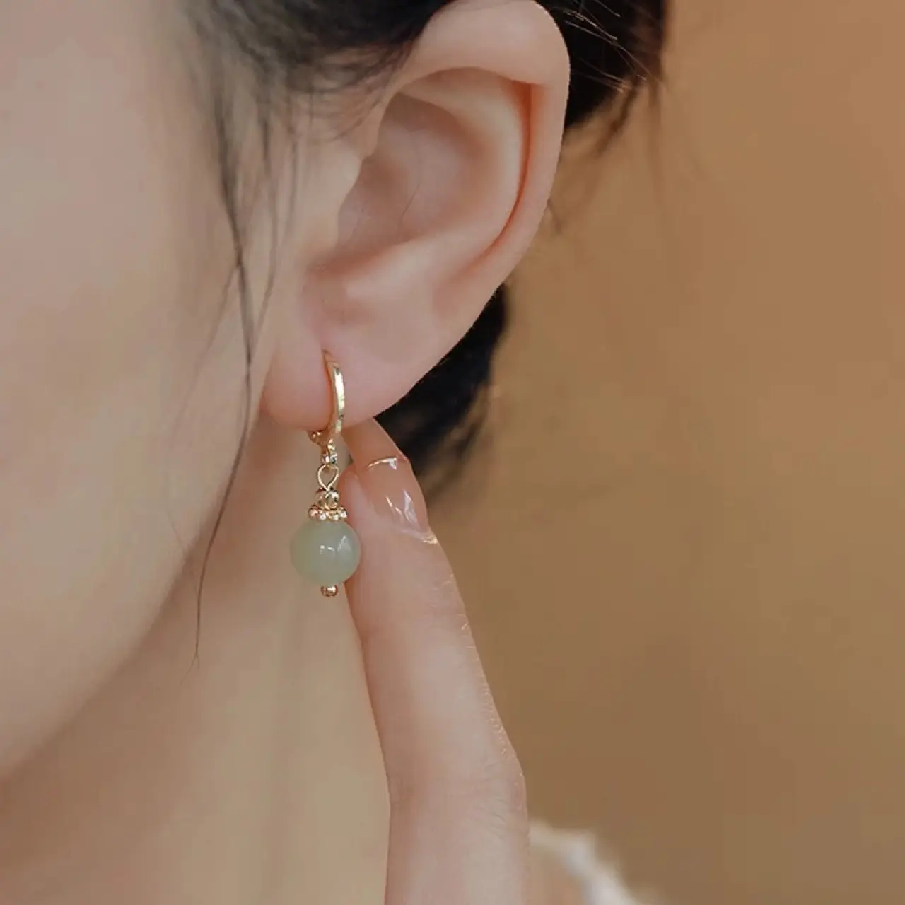 Natural Hetian Jade Earrings White Chalcedony Gold Silk - Image 3