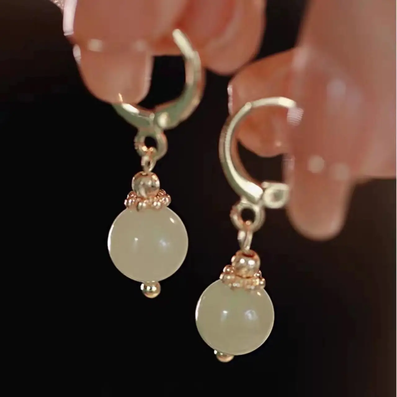 Natural Hetian Jade Earrings White Chalcedony Gold Silk - Image 5