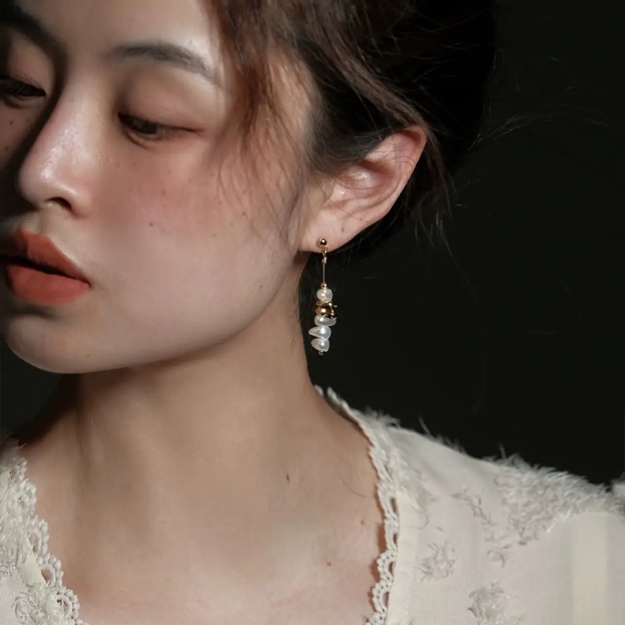 Broken Silver Pearl Drop Earrings for Women - Image 2