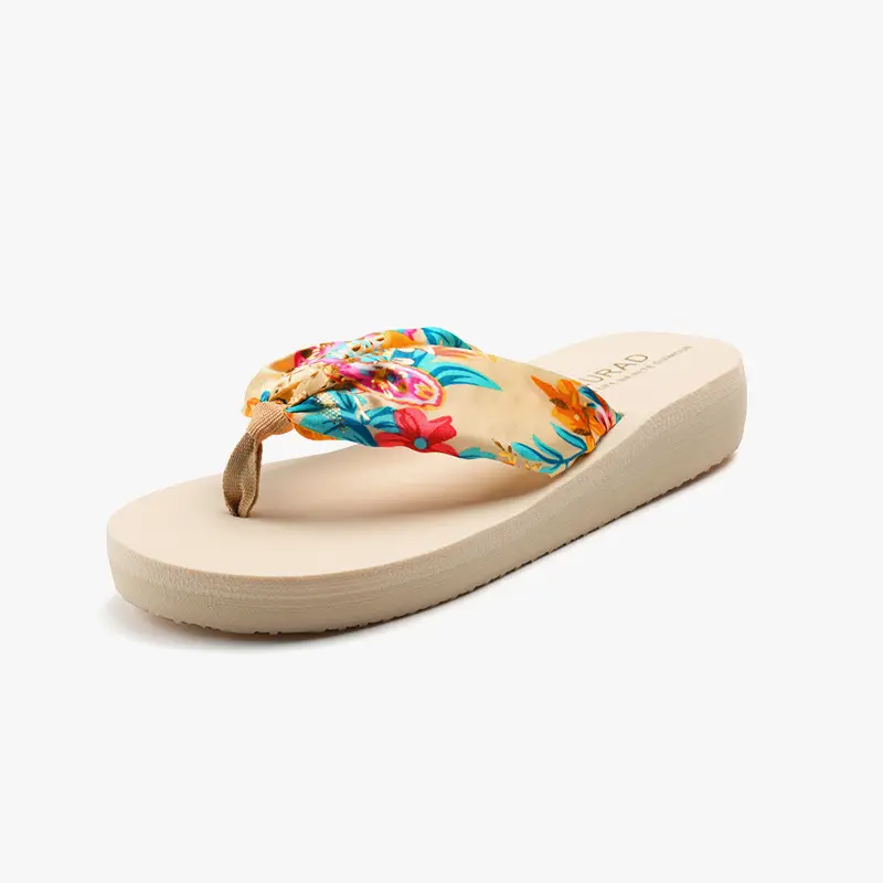Women's Bohemian Floral Flip Flops Mid-Heel Thick Soled