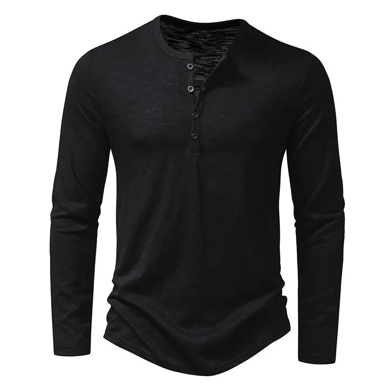 Men's White Bamboo Cotton Long Sleeve T-Shirt with Henry Collar - Image 9