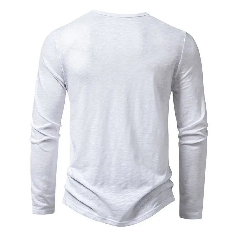 Men's White Bamboo Cotton Long Sleeve T-Shirt with Henry Collar — feature 10
