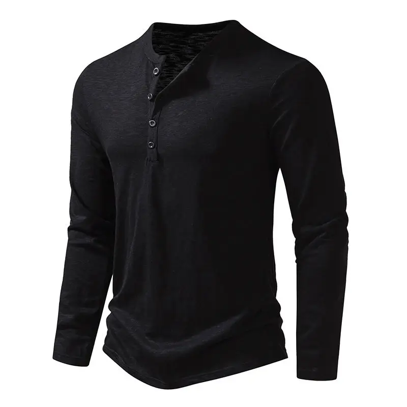 Men's White Bamboo Cotton Long Sleeve T-Shirt with Henry Collar — feature 6