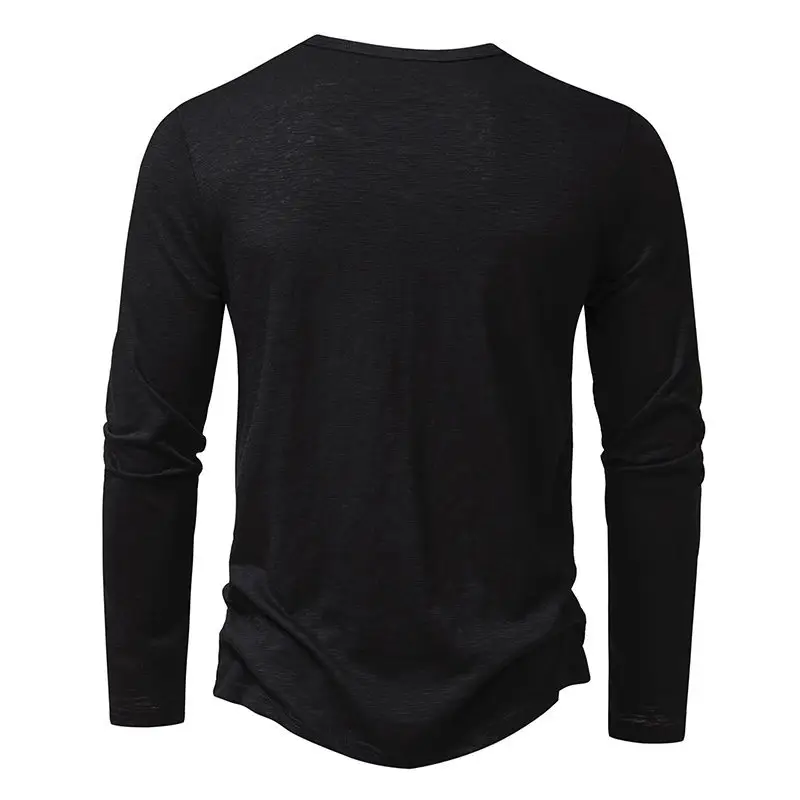 Men's White Bamboo Cotton Long Sleeve T-Shirt with Henry Collar — feature 7