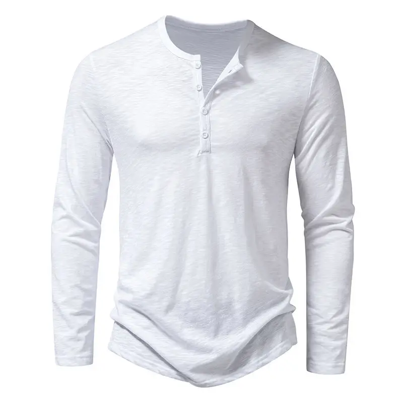 Men's White Bamboo Cotton Long Sleeve T-Shirt with Henry Collar — feature 8