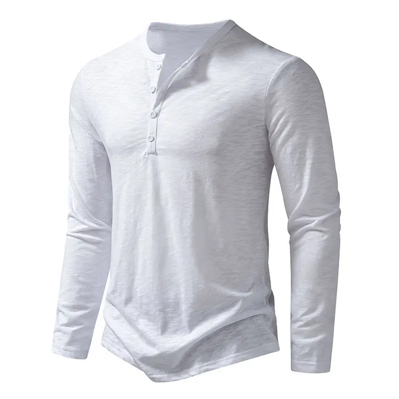 Men's White Bamboo Cotton Long Sleeve T-Shirt with Henry Collar — feature 9