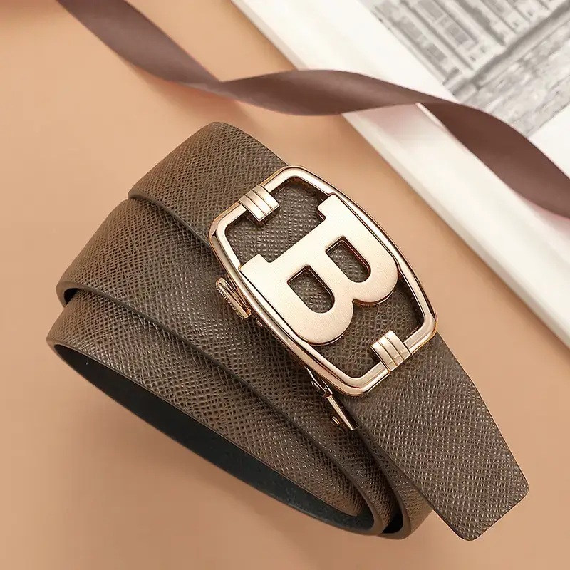 Men's Stainless Steel Buckle Belt with Brown Strap
