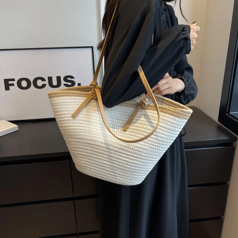 Women's Straw Shoulder Bag Beige Korean Style - Image 5