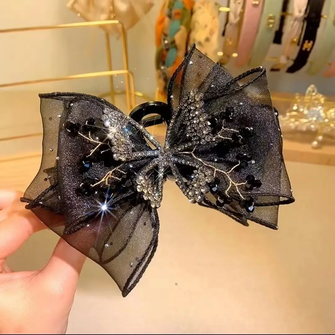 Black Rhinestone Bow Hair Clip for Women - Image 4