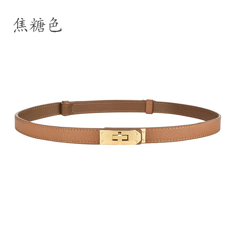 Women Genuine Leather Belt with Gold Logo - Image 2