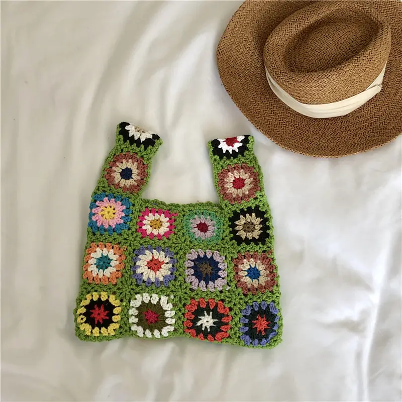 Bohemian Knitted Bag with Colorful Floral Design