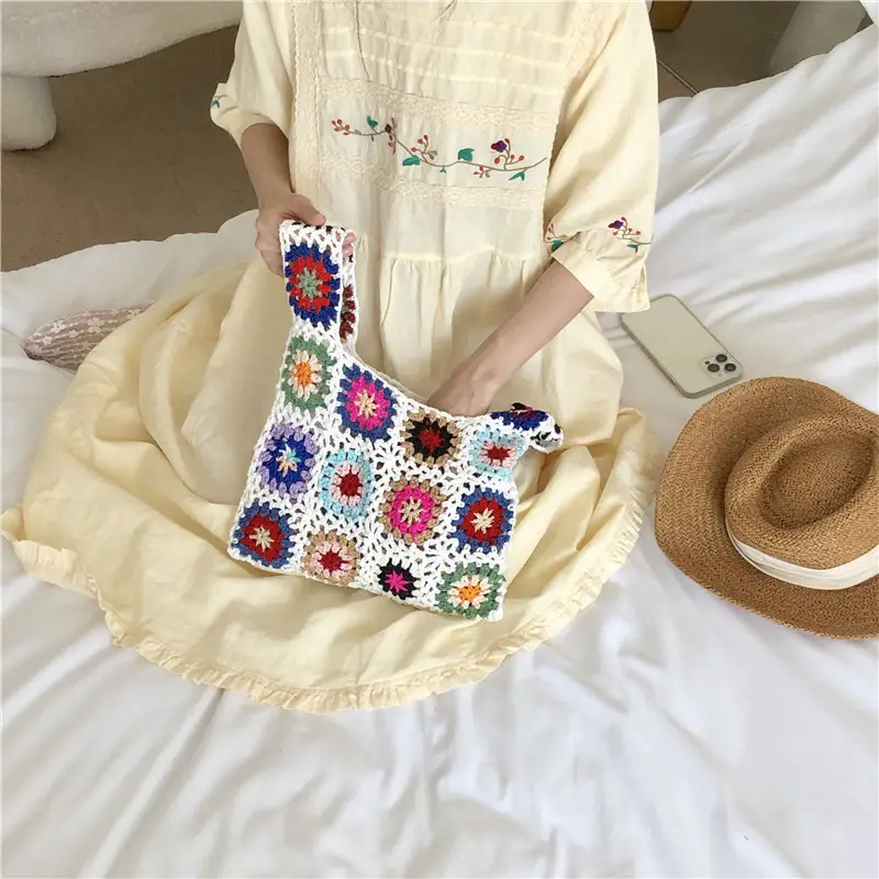 Bohemian Knitted Bag with Colorful Floral Design