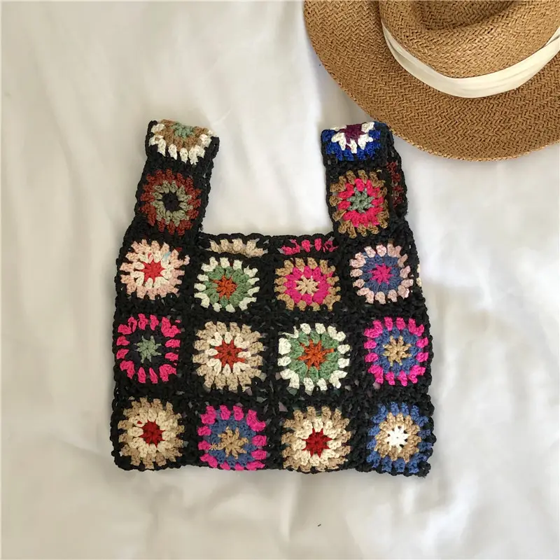 Bohemian Knitted Bag with Colorful Floral Design