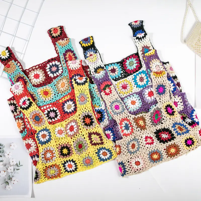 Bohemian Knitted Bag with Colorful Floral Design
