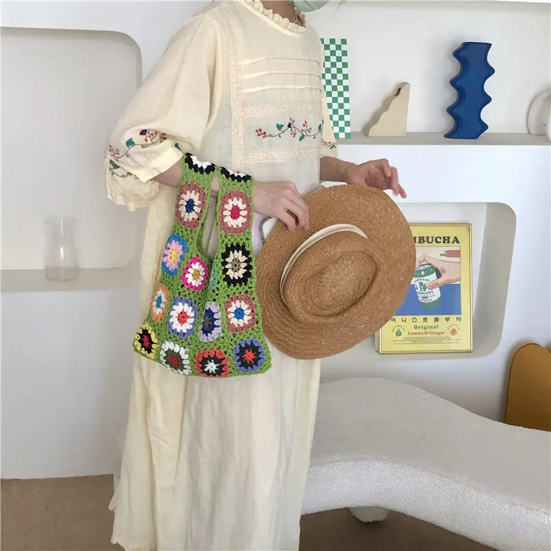 Bohemian Knitted Bag with Colorful Floral Design — feature 3