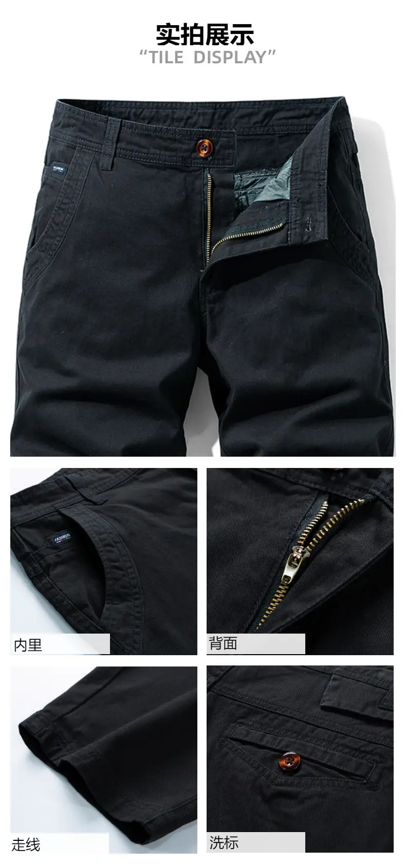 Men Black Cotton Mid-Length Shorts with Multiple Pockets — feature 11