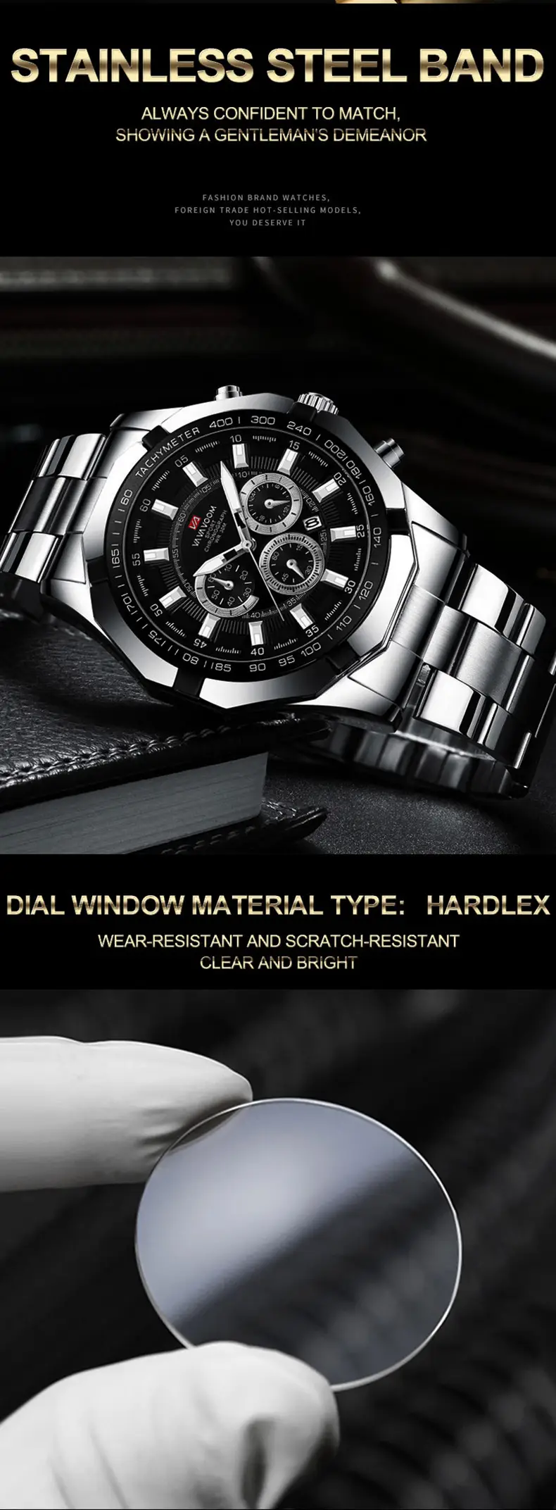 Men's Stainless Steel Chronograph Watch with 3 Subdials — feature 32